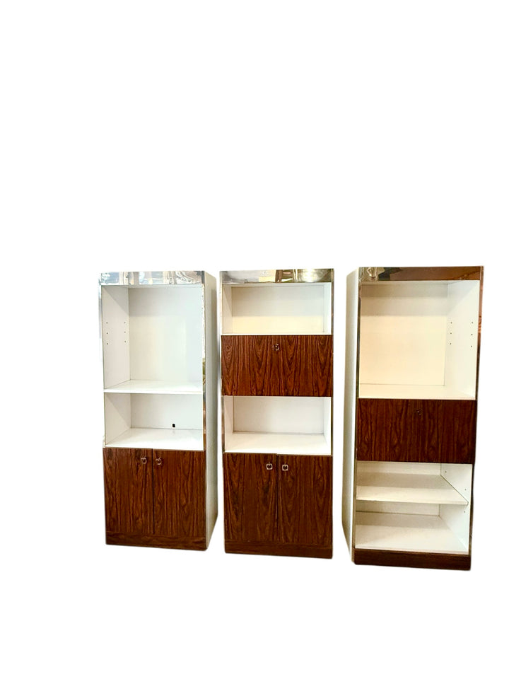 Three-bay rosewood and chrome wall unit, all three bays together