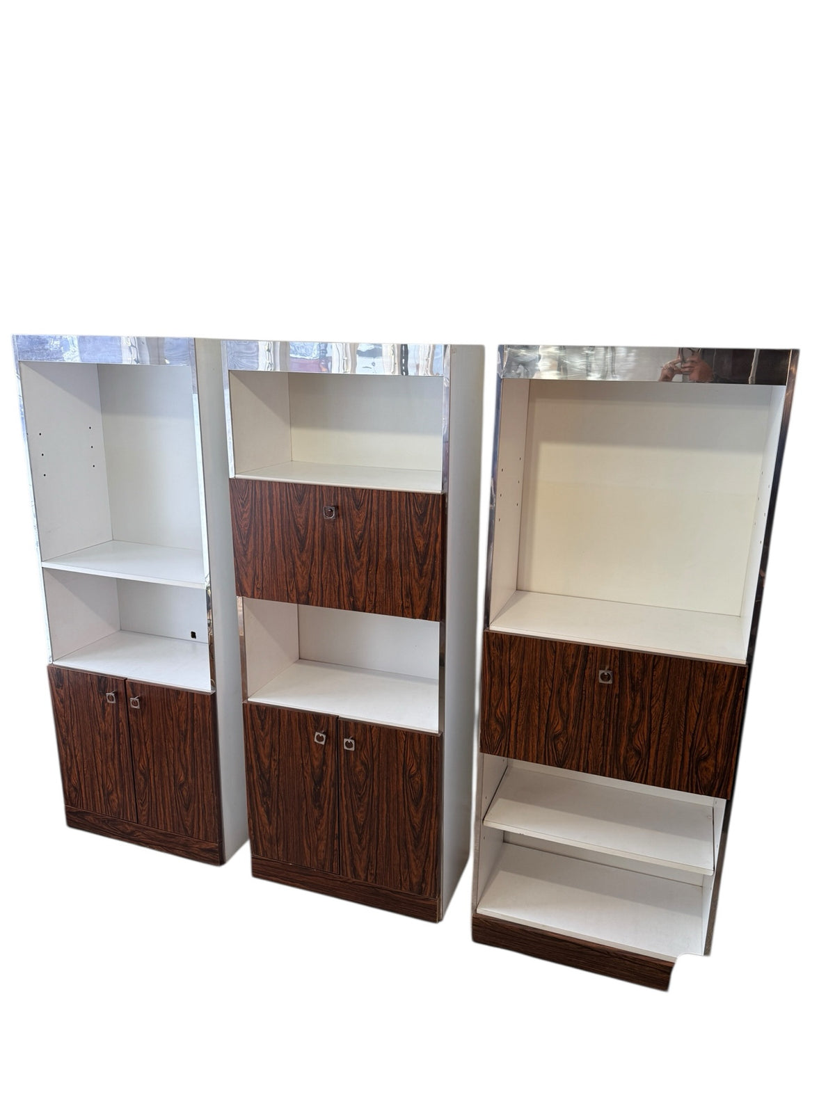 Rosewood and chrome wall unit, three bays side by side