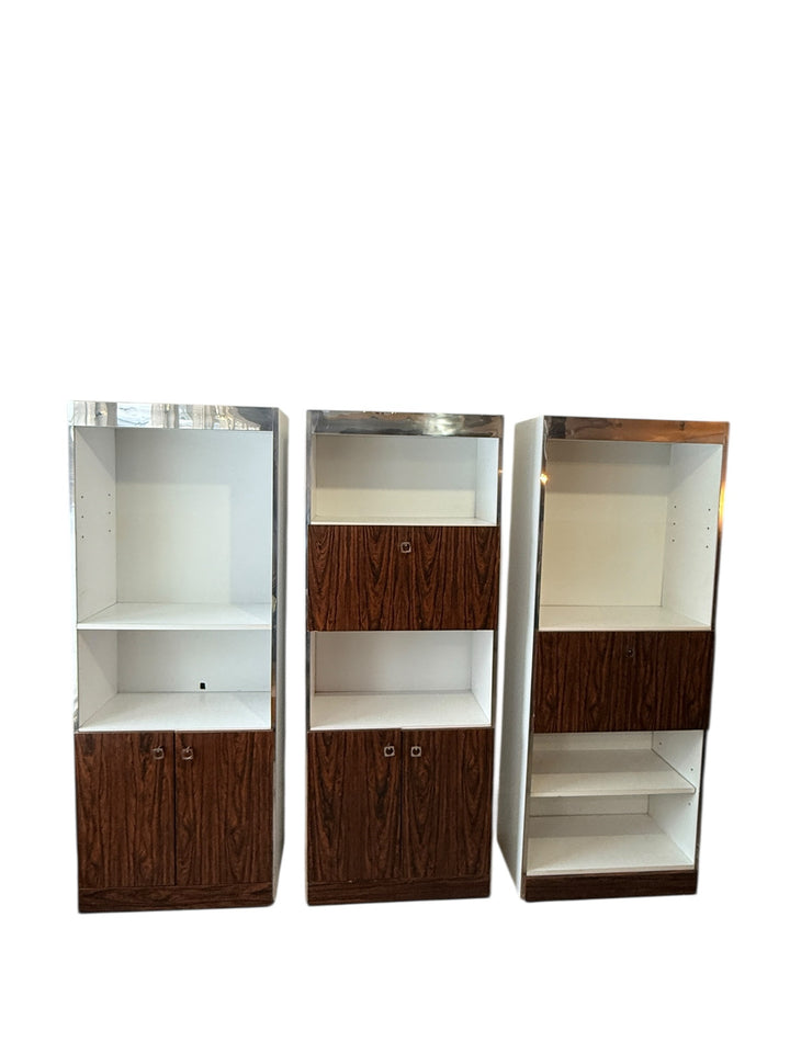 Rosewood and chrome wall unit, angled view of all three bays