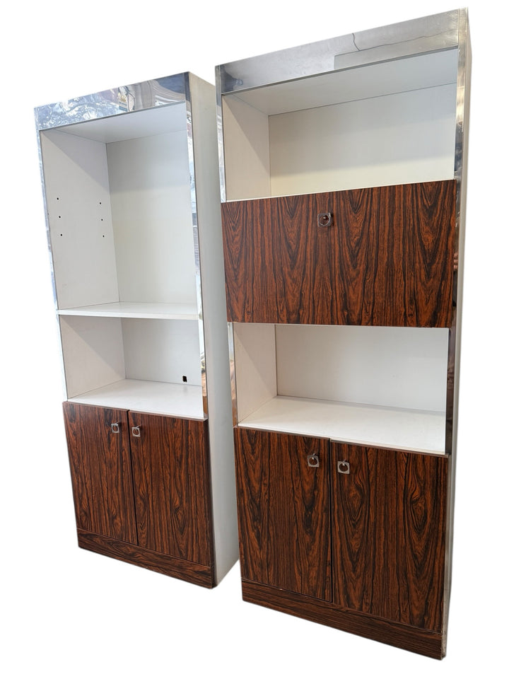 Open-shelf bay and drop-front desk bay with chrome trim