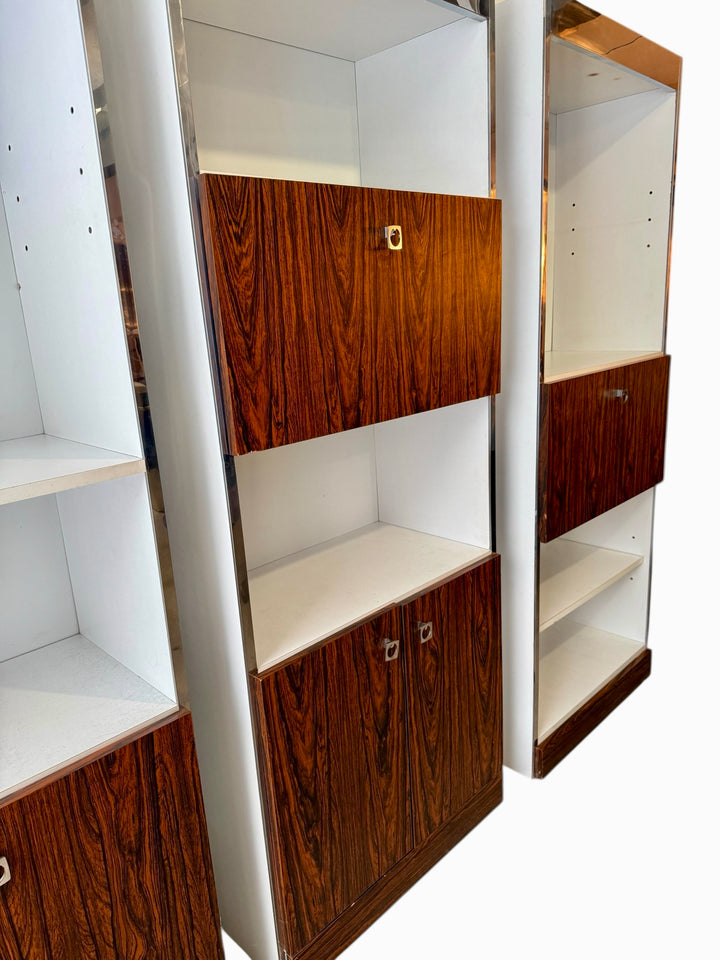 Close-up of rosewood-grain drop front and chrome pull