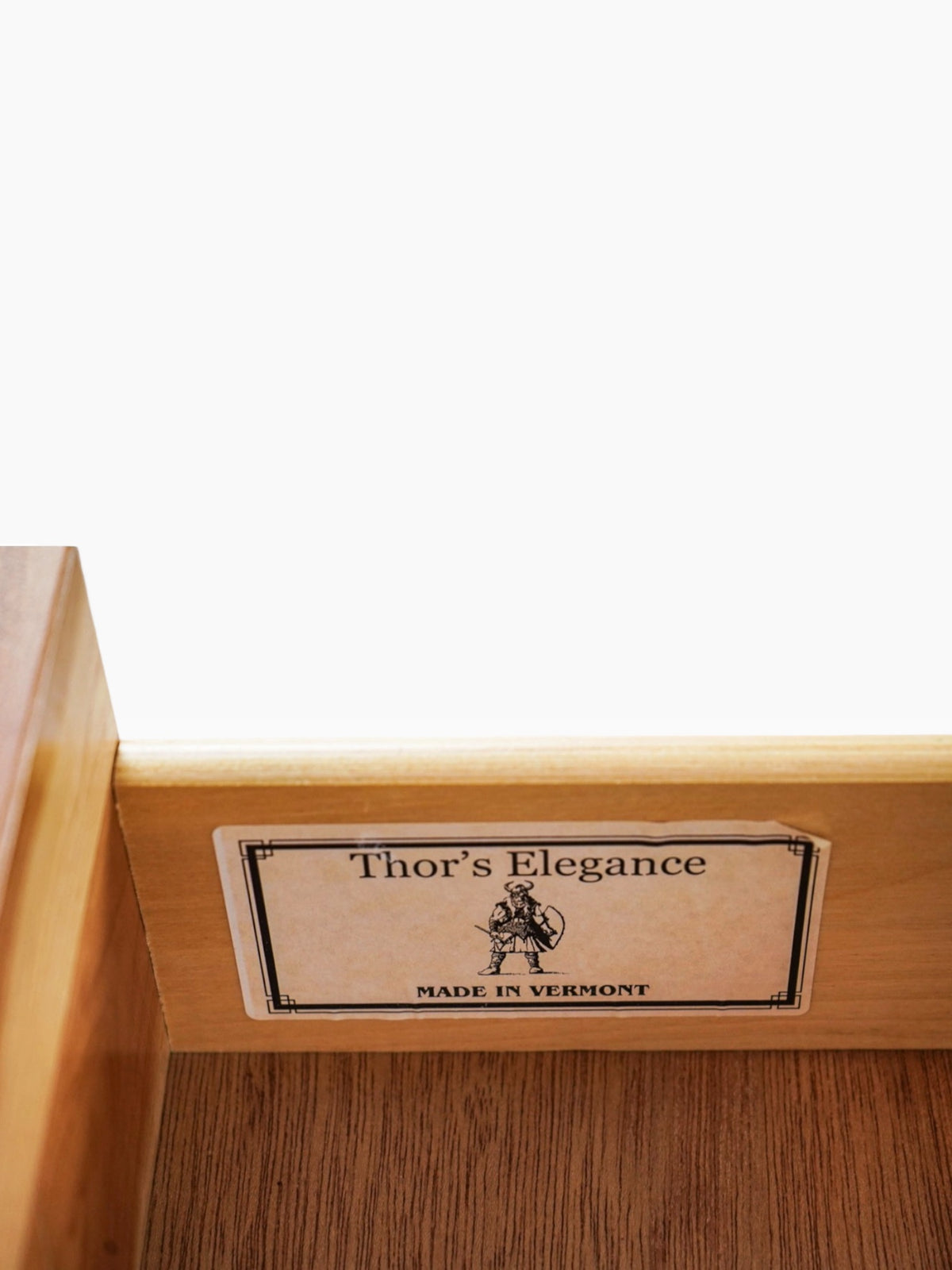 Thor's Elegance Made in Vermont maker's label inside the top drawer