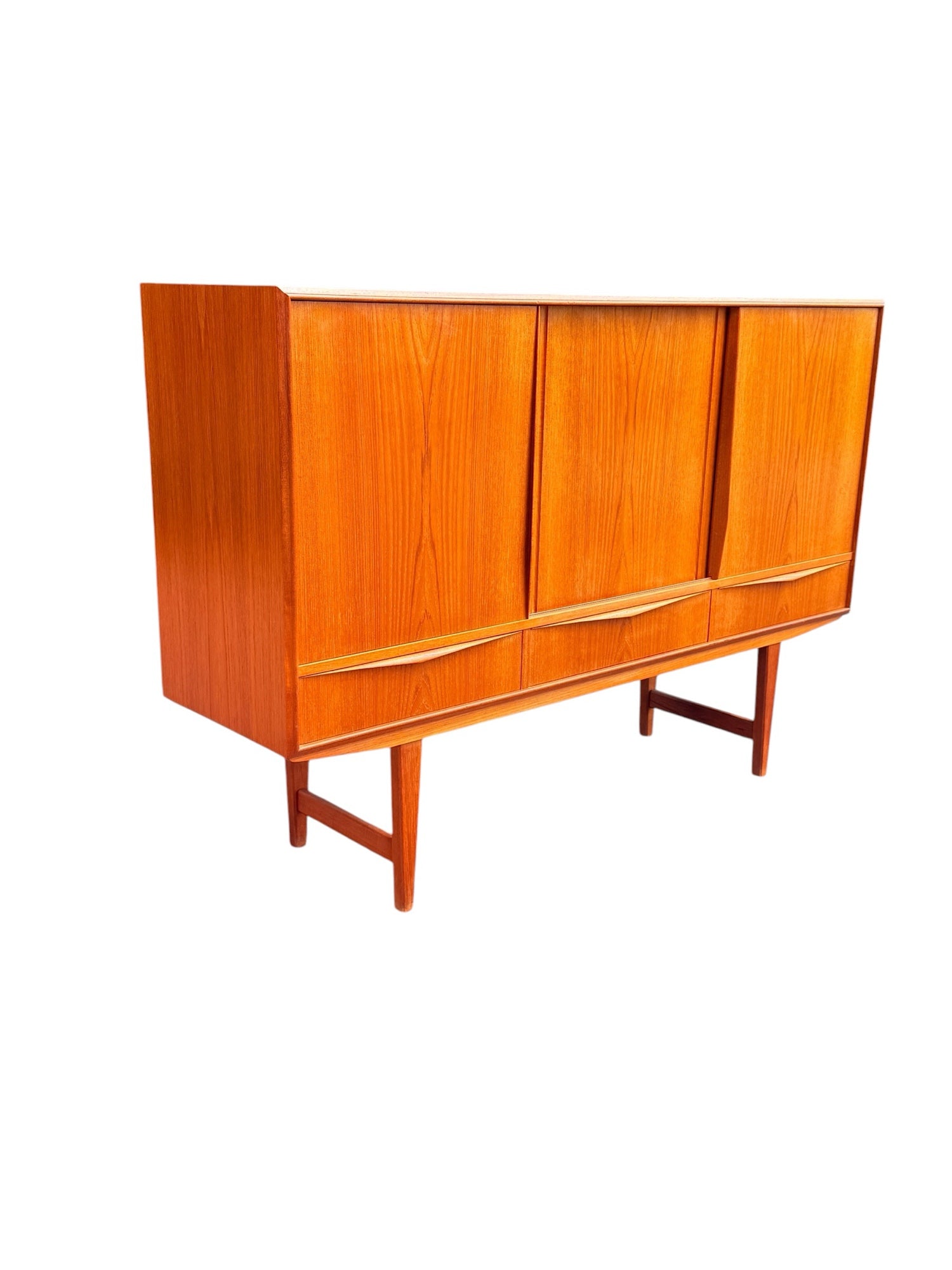 E.W. Bach teak highboard — three-quarter angle view