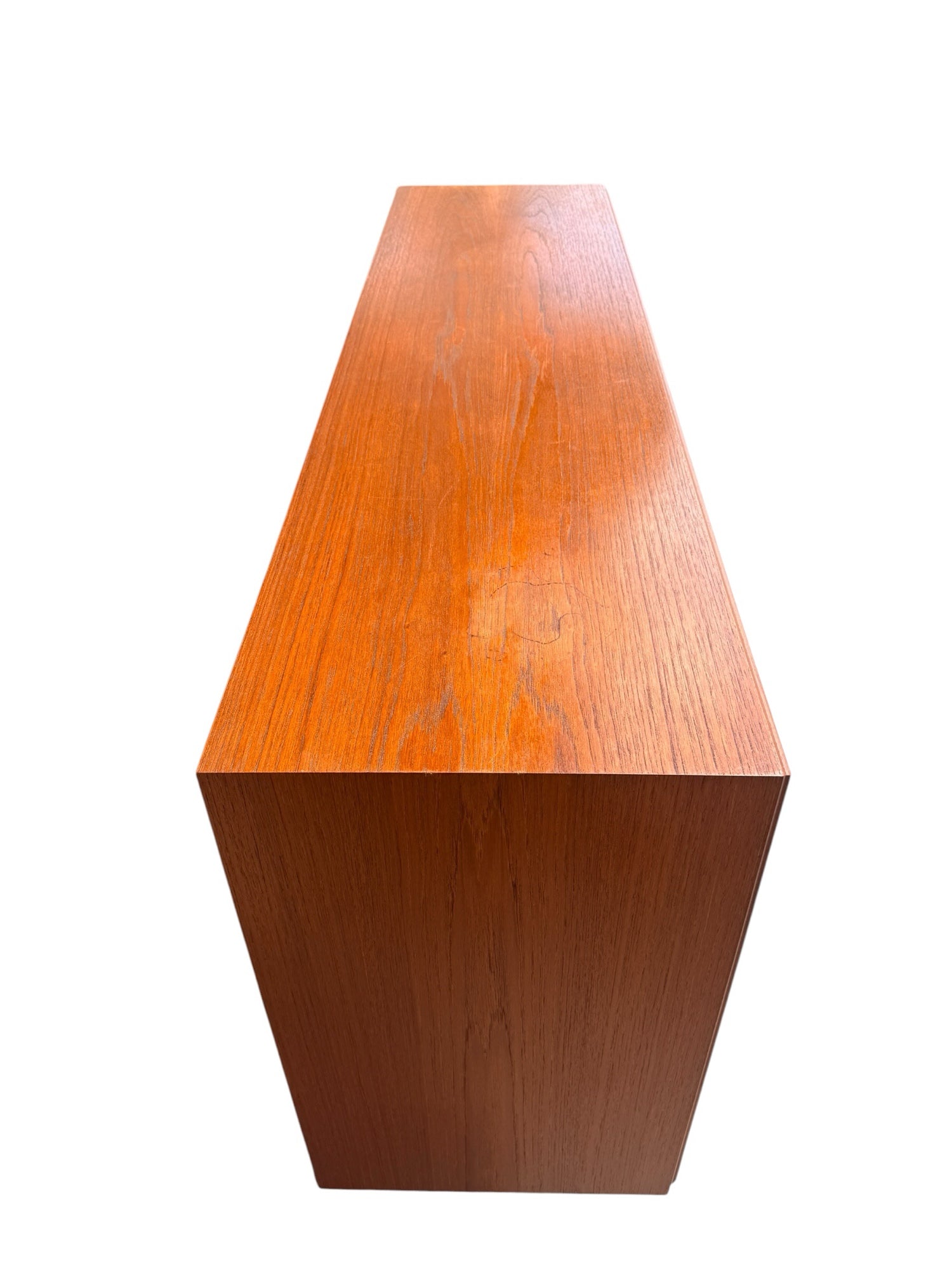 E.W. Bach teak highboard — right bar compartment open with mirrored back and felt drawers