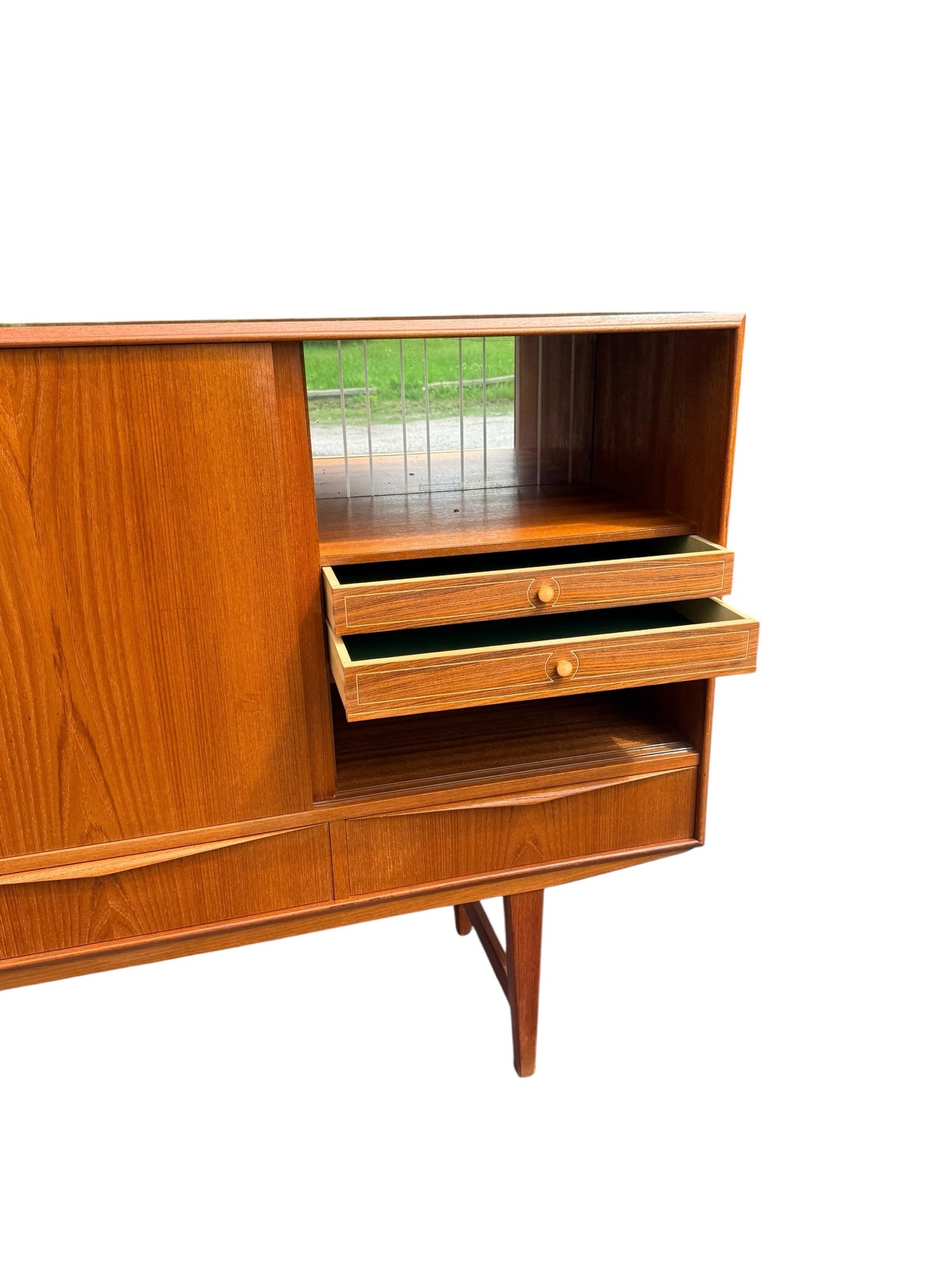 E.W. Bach teak highboard — center adjustable shelves open