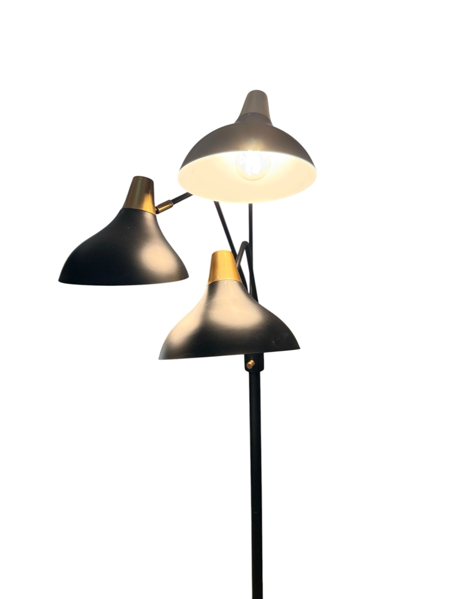 Modern three-arm floor lamp — shades lit