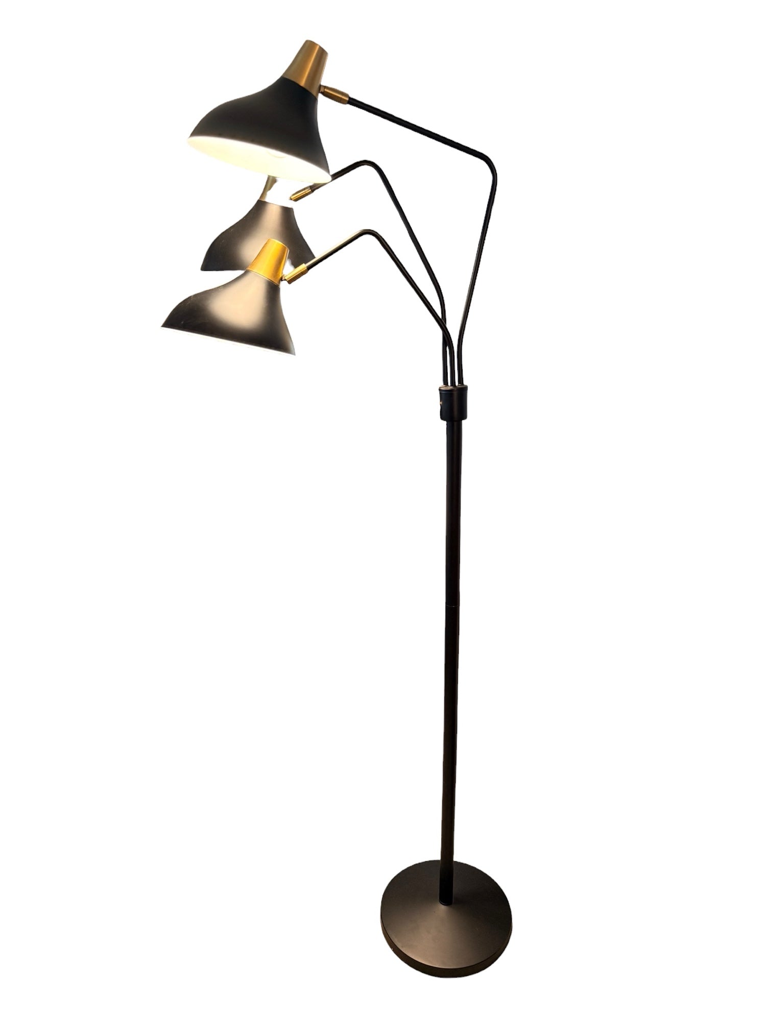 Modern three-arm floor lamp in black and brass — full view