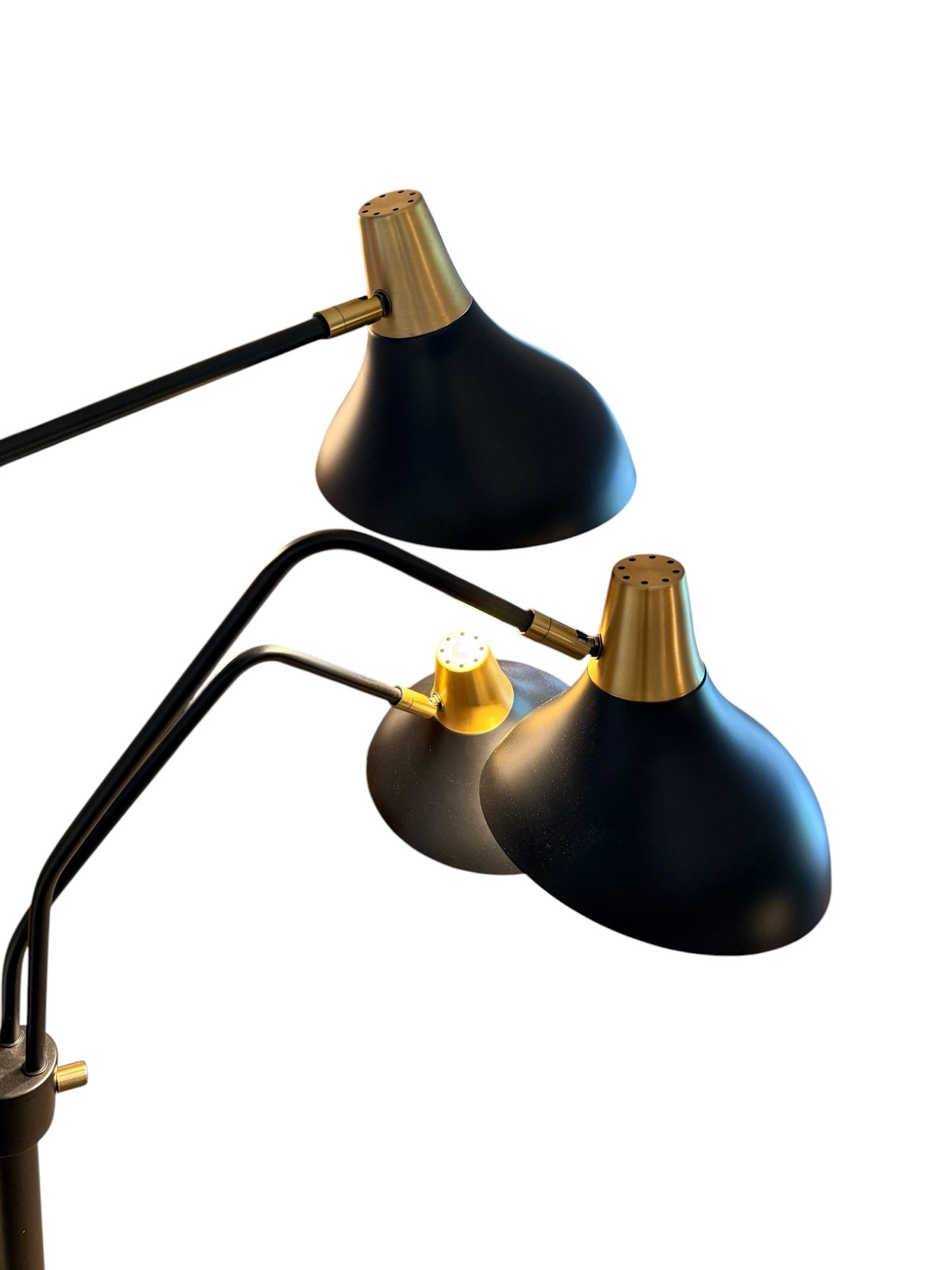 Modern three-arm floor lamp — shades off detail view