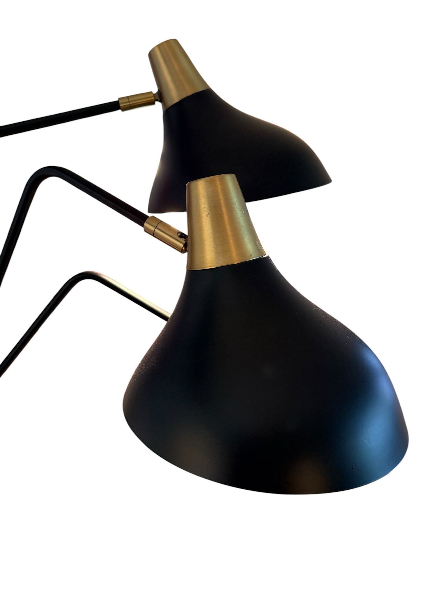 Modern three-arm floor lamp — shade and brass neck detail